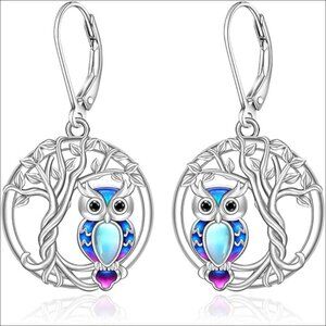 Sterling Silver Owl Dangle Earrings with Moonstone Leverback